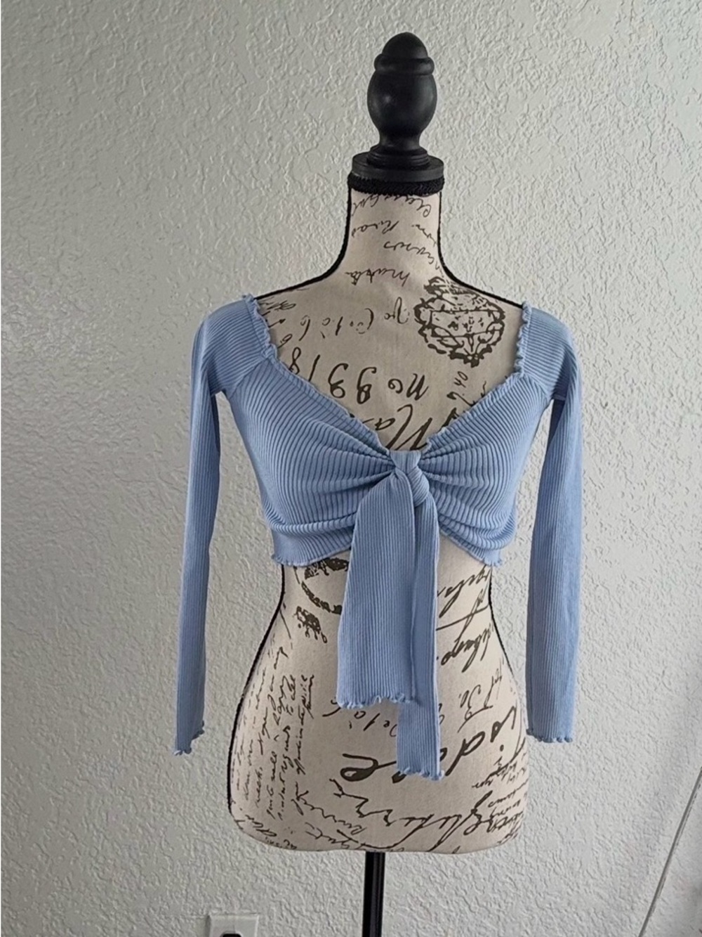 Privy Light Blue Ribbed Tie-Front Crop Top | Long Sleeve Lettuce Edge